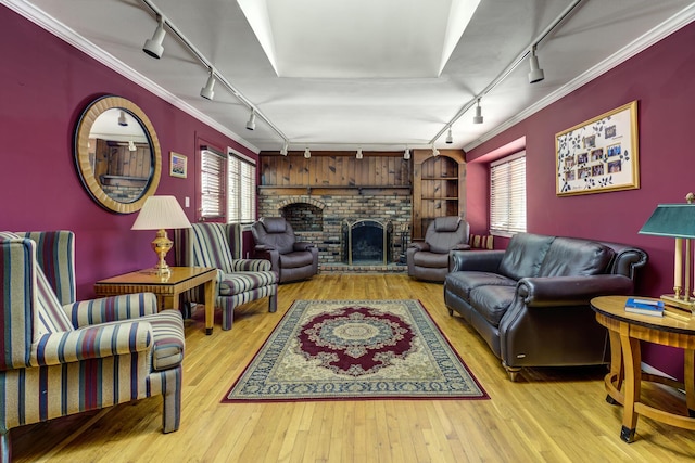 living room featuring crown molding, a fireplace, rail lighting, and light wood-type flooring