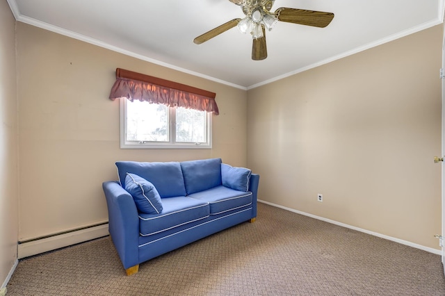 sitting room featuring crown molding, a baseboard radiator, carpet flooring, and ceiling fan