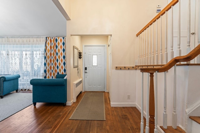 entrance foyer featuring a high ceiling, a wealth of natural light, dark wood-type flooring, and radiator heating unit