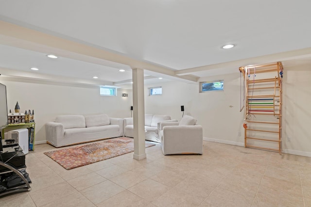 living room featuring recessed lighting, light tile patterned flooring, baseboards, and stairs