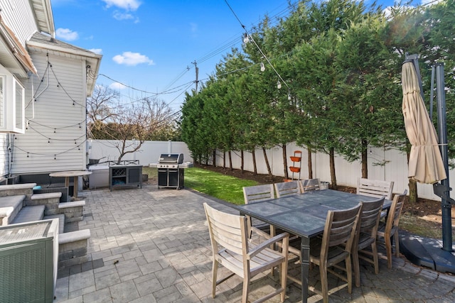 view of patio / terrace with outdoor dining space, a fenced backyard, and grilling area