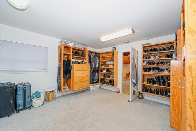 walk in closet with light colored carpet