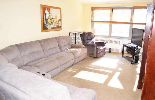 living room featuring radiator and light carpet