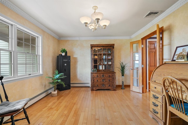 living area with a baseboard radiator, a wealth of natural light, light wood-style floors, and visible vents