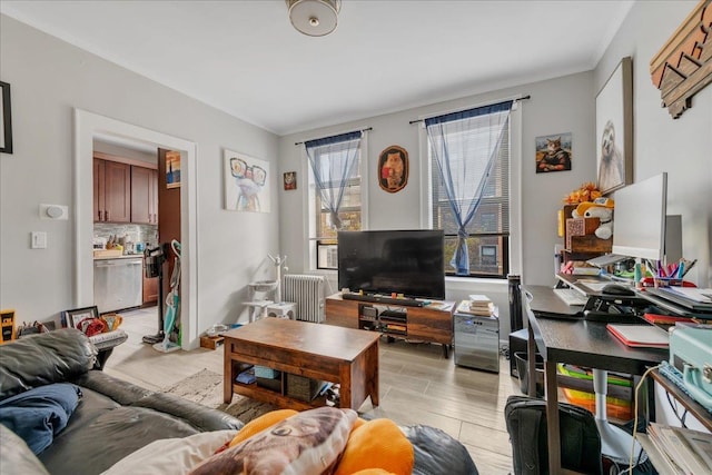 living room featuring crown molding, radiator, and light hardwood / wood-style flooring