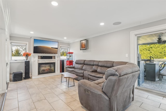 tiled living room with crown molding