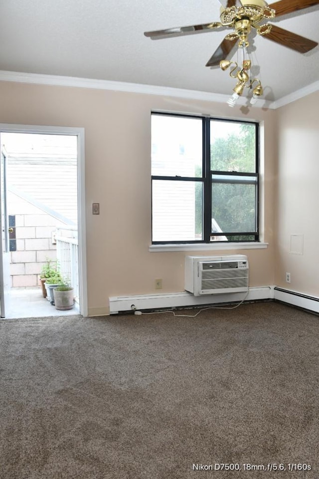 carpeted spare room with crown molding, a wall mounted AC, and ceiling fan