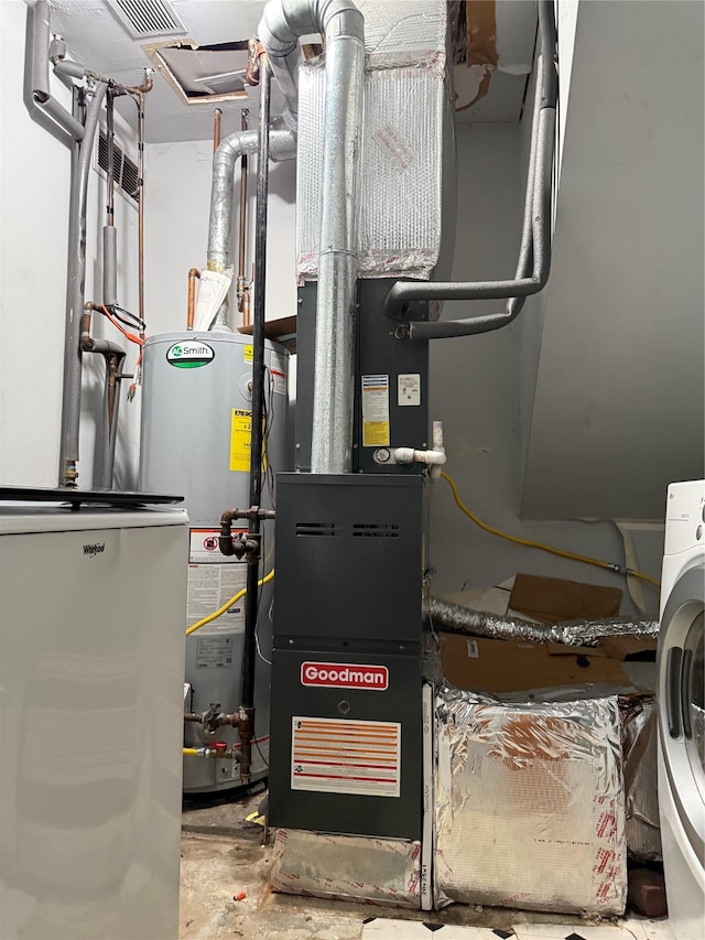 utilities featuring water heater, washer / clothes dryer, and heating unit
