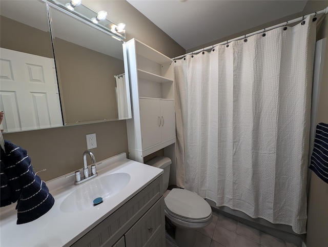 full bathroom with shower / bathtub combination with curtain, tile patterned floors, toilet, and vanity