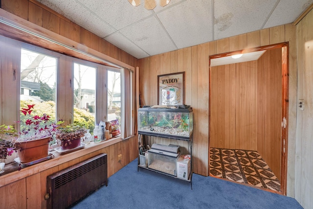 interior space featuring radiator heating unit, wooden walls, and dark colored carpet