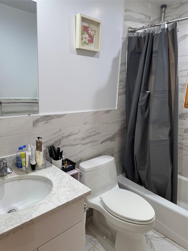 full bathroom featuring vanity, shower / tub combo, tile walls, and toilet