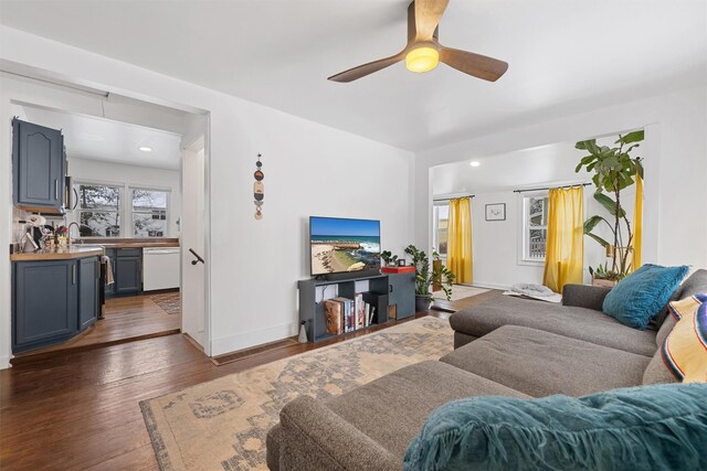 living room with ceiling fan, dark hardwood / wood-style flooring, and sink