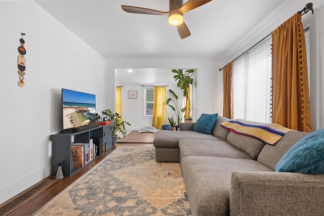 living room with ceiling fan and wood-type flooring