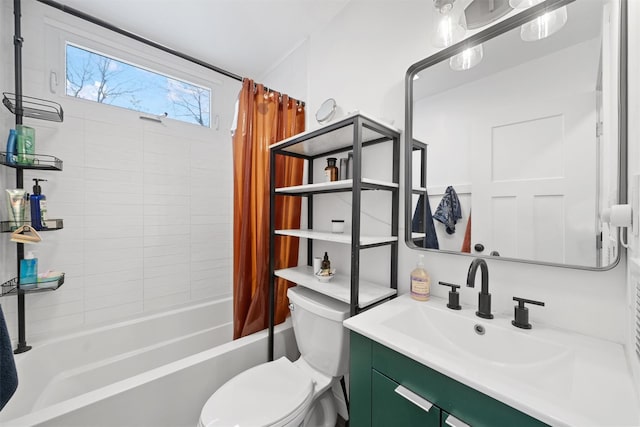 full bathroom featuring vanity, shower / bath combination with curtain, and toilet