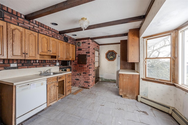 kitchen with a baseboard radiator, white dishwasher, sink, and beam ceiling