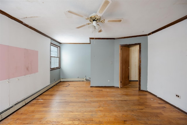 empty room with ceiling fan, a baseboard radiator, ornamental molding, and light wood-type flooring