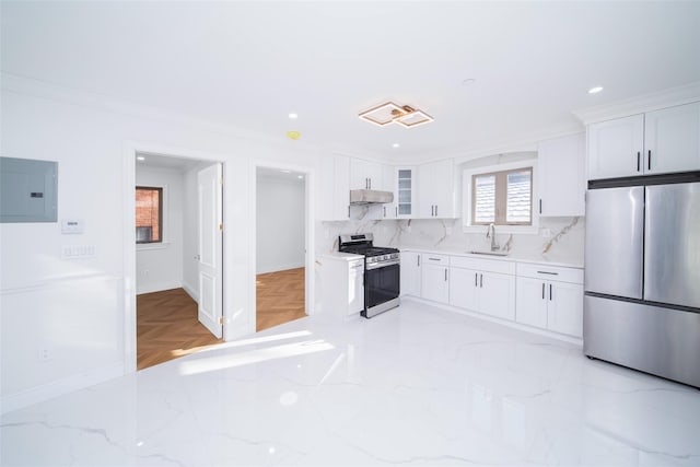 kitchen featuring white cabinetry, sink, stainless steel appliances, and electric panel