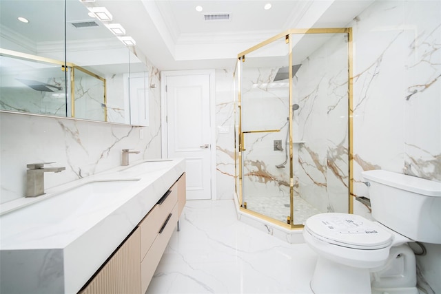 bathroom featuring decorative backsplash, ornamental molding, vanity, toilet, and a shower with door