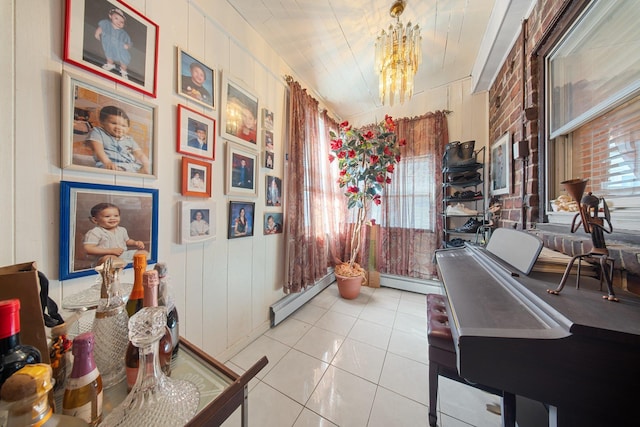 tiled office space with a chandelier and baseboard heating