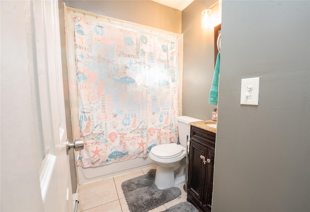 full bathroom featuring vanity, tile patterned flooring, toilet, and shower / bath combo with shower curtain