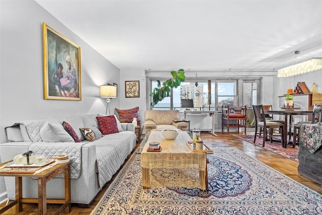 living room featuring parquet floors