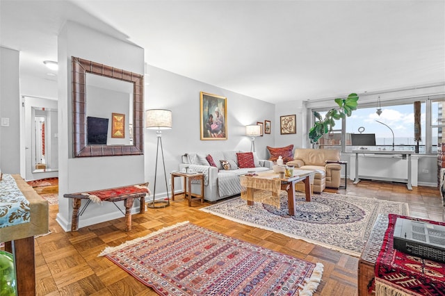 living room with parquet flooring