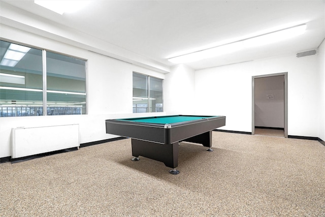 rec room with carpet floors, radiator heating unit, and pool table