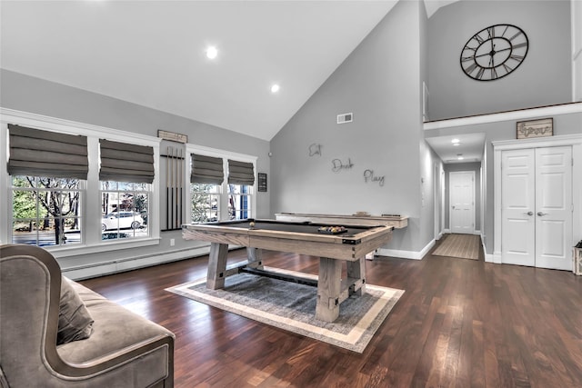 game room featuring dark wood-type flooring, a baseboard radiator, high vaulted ceiling, and billiards