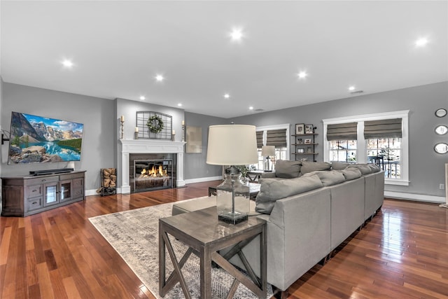 living room featuring a baseboard radiator and dark hardwood / wood-style floors