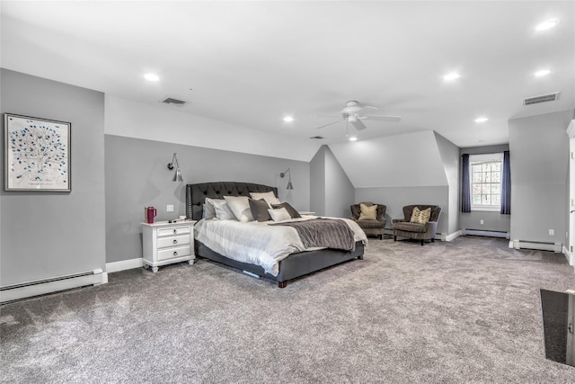 carpeted bedroom featuring lofted ceiling, a baseboard heating unit, and ceiling fan