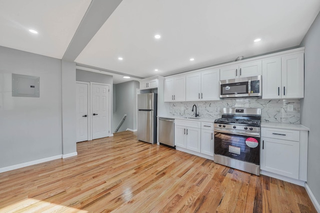 kitchen featuring appliances with stainless steel finishes, electric panel, light hardwood / wood-style flooring, and white cabinets