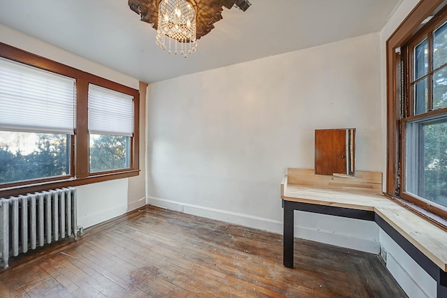 unfurnished office featuring an inviting chandelier, radiator, and dark hardwood / wood-style floors