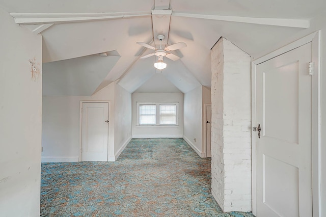 additional living space featuring light carpet, lofted ceiling, and ceiling fan