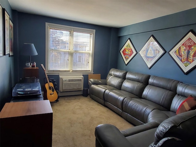 living area with light carpet and a wall mounted air conditioner