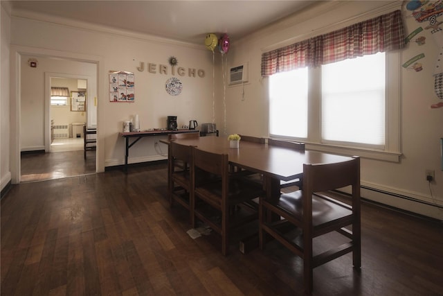 dining space with dark wood-type flooring and a wall mounted air conditioner