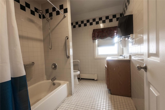 full bathroom with shower / bath combo, baseboard heating, tile patterned flooring, tile walls, and vanity