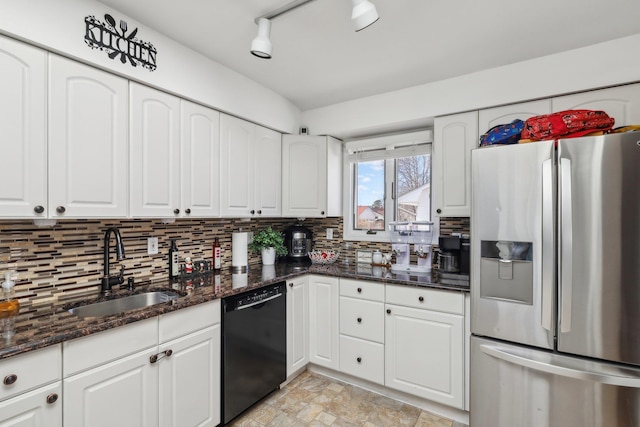 kitchen with stainless steel refrigerator with ice dispenser, sink, white cabinetry, dishwasher, and dark stone counters