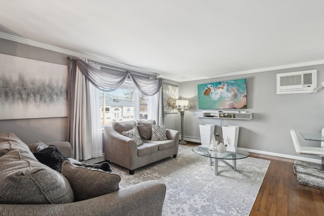 living room featuring a baseboard radiator, ornamental molding, hardwood / wood-style floors, and an AC wall unit