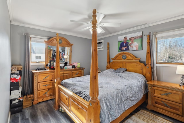 bedroom featuring multiple windows, crown molding, and dark hardwood / wood-style flooring