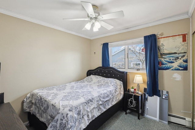 bedroom with a baseboard heating unit, crown molding, ceiling fan, and carpet flooring