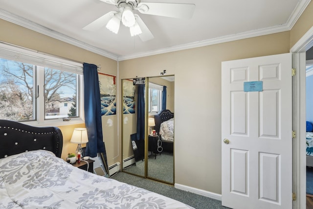 bedroom with ceiling fan, ornamental molding, dark carpet, and a closet