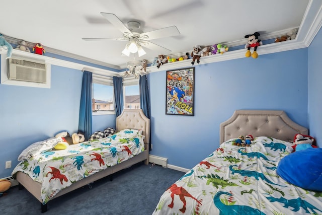 bedroom featuring ceiling fan, baseboard heating, dark carpet, crown molding, and a wall unit AC