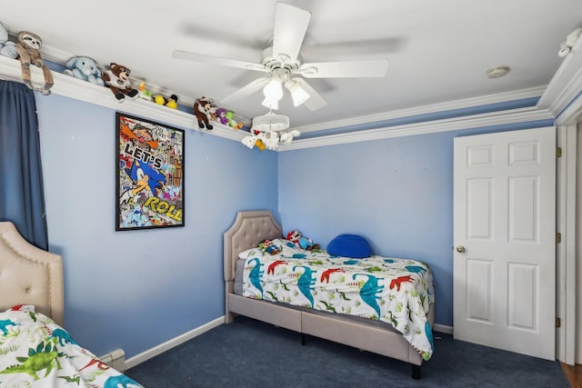 bedroom with dark carpet, ornamental molding, and ceiling fan