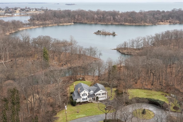 drone / aerial view featuring a forest view and a water view