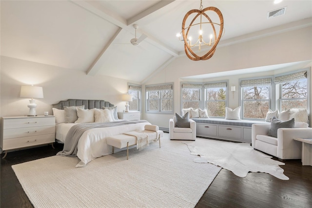 bedroom featuring vaulted ceiling with beams, visible vents, a chandelier, and wood finished floors