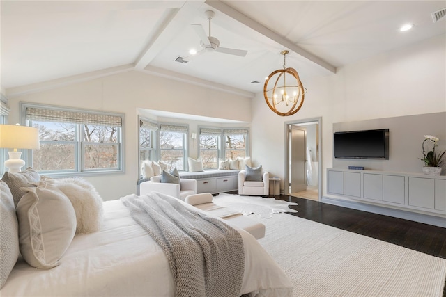 bedroom with dark wood-style floors, visible vents, vaulted ceiling with beams, and multiple windows