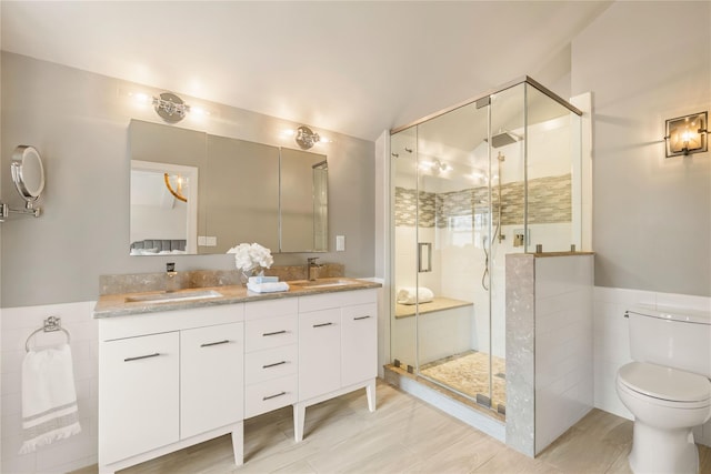 full bath featuring toilet, a shower stall, double vanity, and a sink