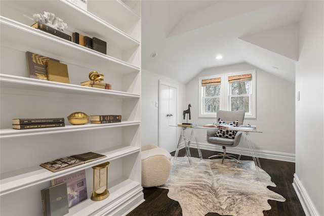 office with lofted ceiling, baseboards, and wood finished floors