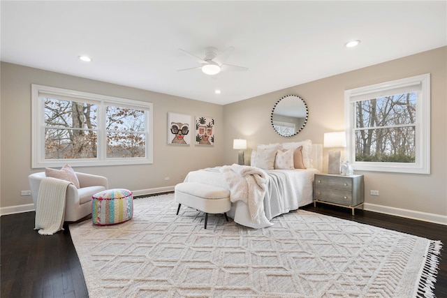 bedroom with a ceiling fan, recessed lighting, baseboards, and wood finished floors