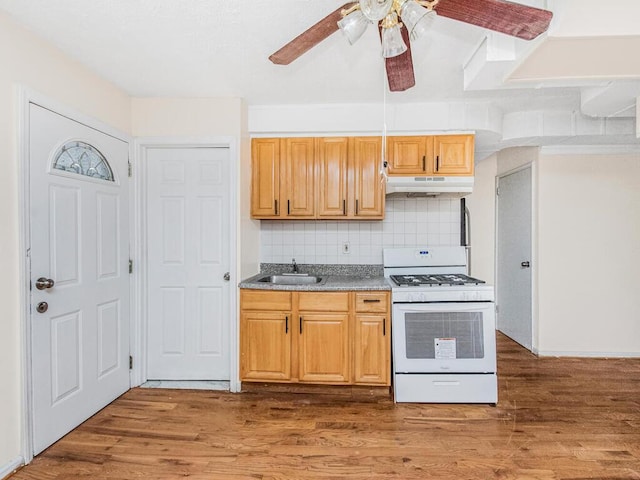 kitchen featuring tasteful backsplash, dark hardwood / wood-style floors, sink, and white range with gas stovetop